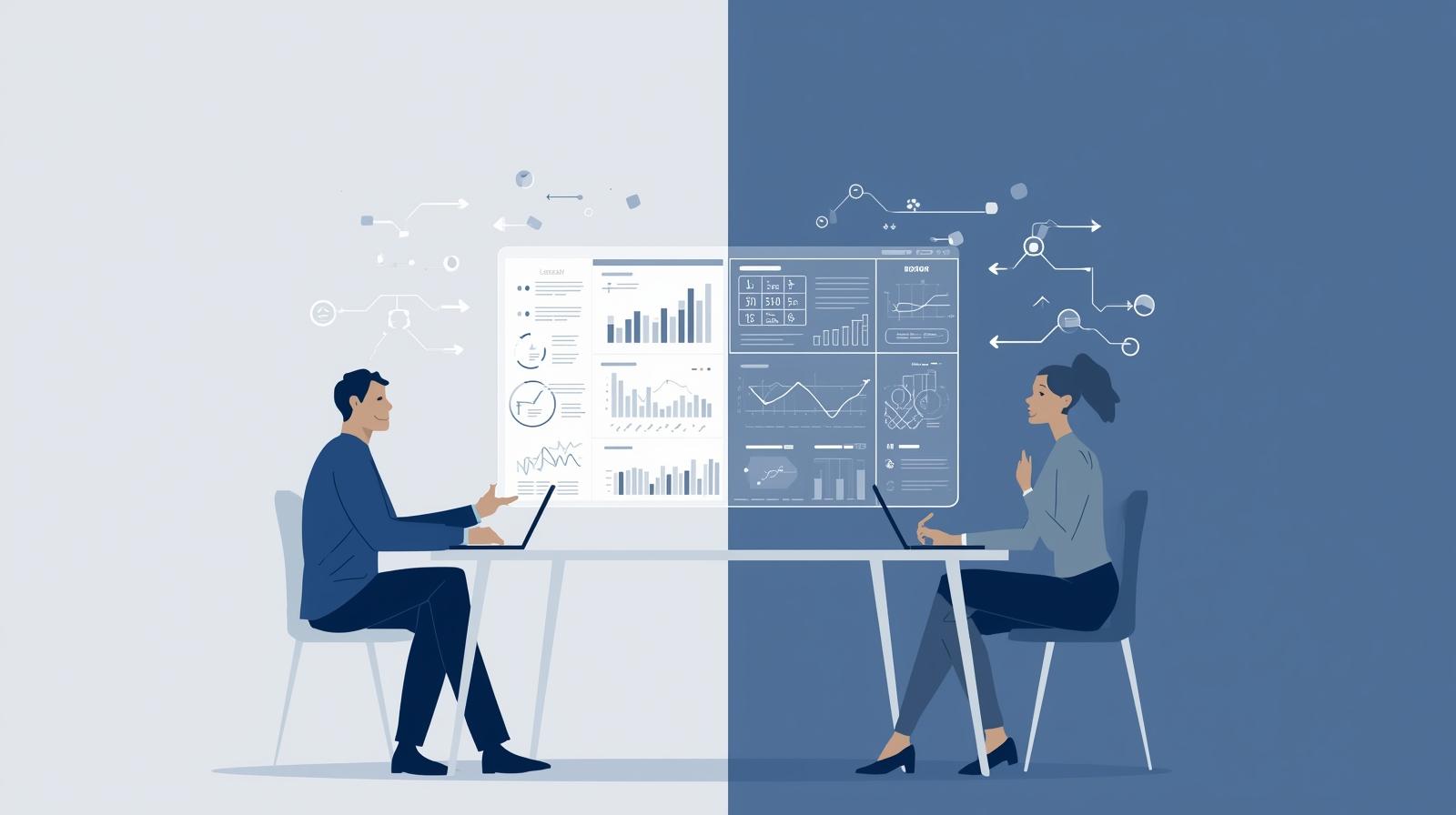 Man and woman working on laptops analyzing data on screens.